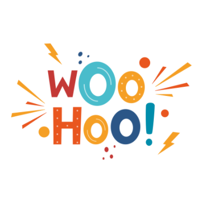 illustrated multicolor "woo hoo!" with lightning bolts, lines and circles signaling excitement.