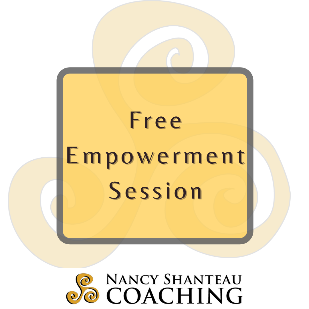 "Free Empowerment Session" in yellow box with curved corners. Box is positioned in front of a triple spiral.